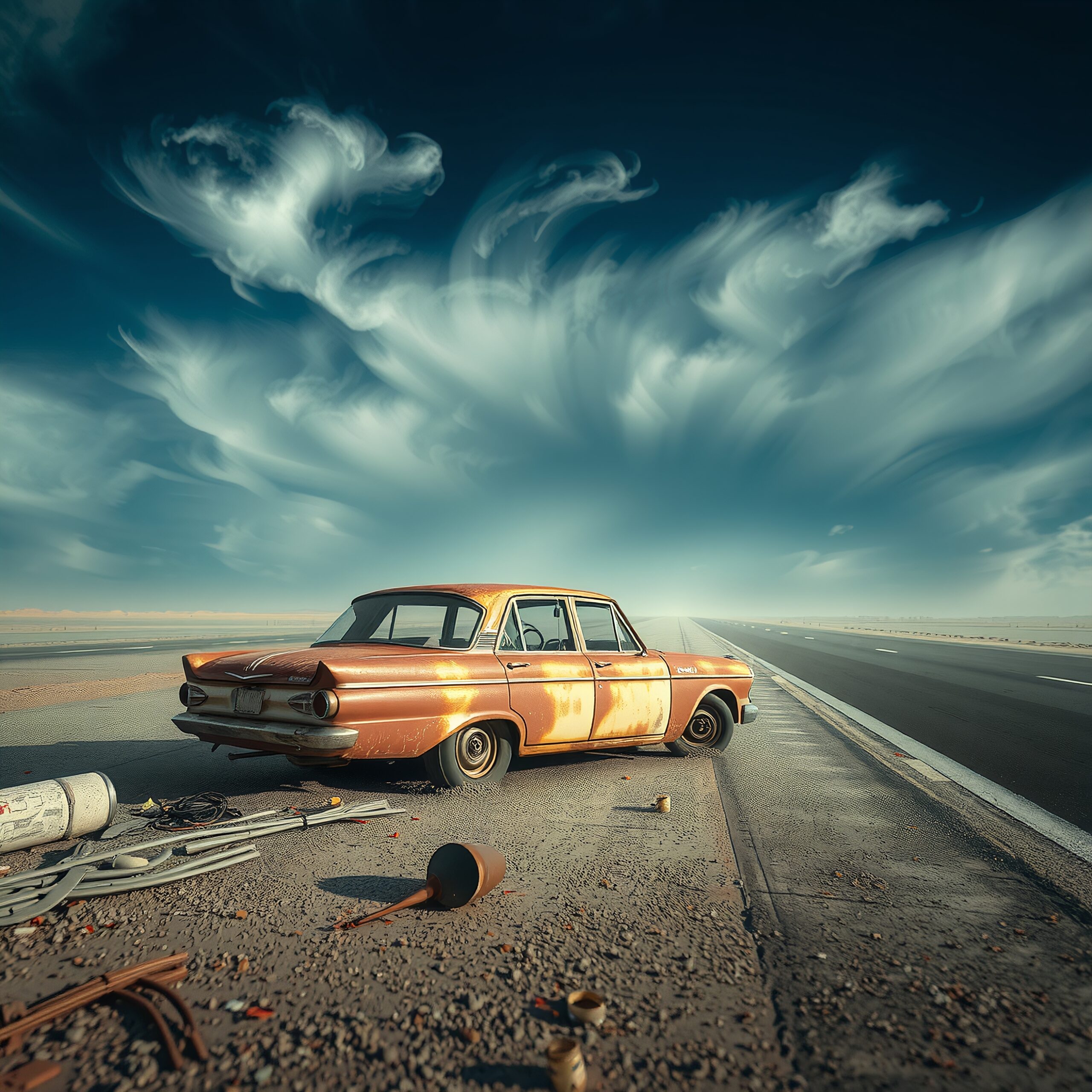 Rusty Car on Deserted Road