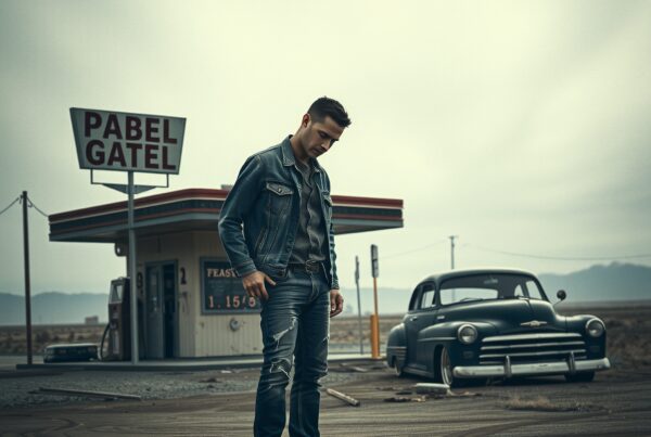 A man stands in denim near a vintage car and desert gas station, evoking nostalgia.