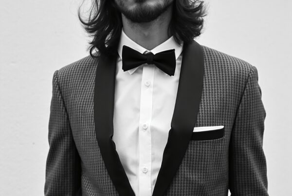 A man in a stylish checkered suit with a black hat and bow tie, captured in a monochrome urban setting.
