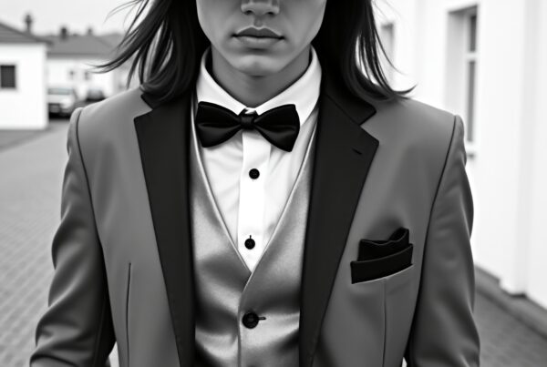 Person wearing a suit and fedora in monochrome setting.