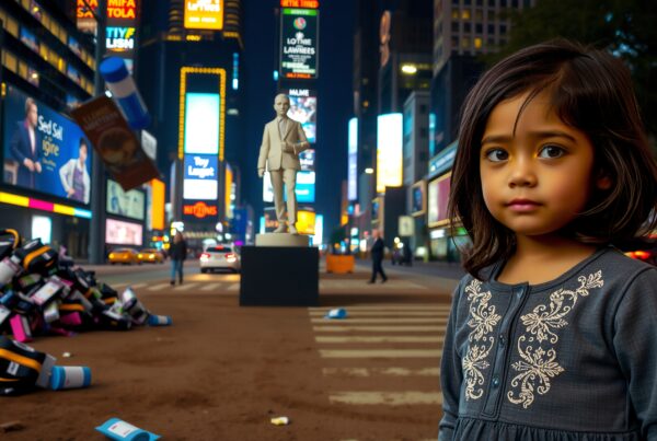 A young girl stands in a bustling city at night, surrounded by scattered objects, bright billboards, and a prominent statue.