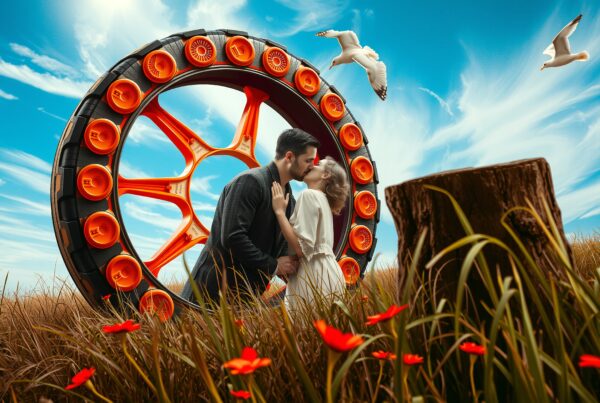 Romantic couple kissing in vibrant meadow under dramatic sky.