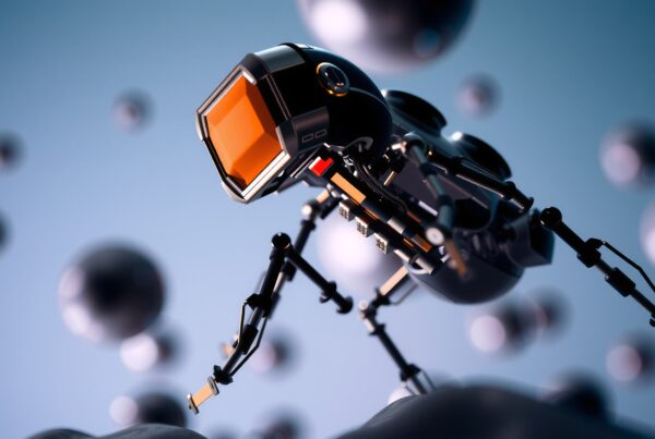 Futuristic robotic creature with glossy orange visor amidst floating spheres.