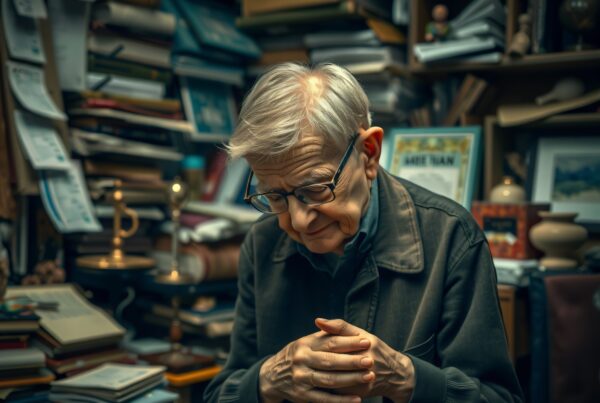 Elderly man surrounded by books and papers in a dimly lit study, emanating wisdom and contemplation.