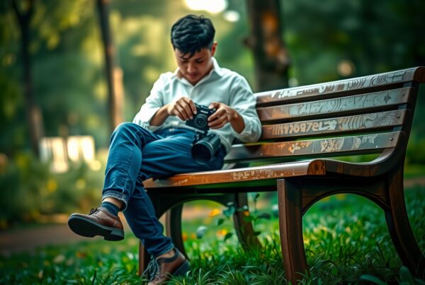 Young man on park bench reviewing camera settings in a lush green park.