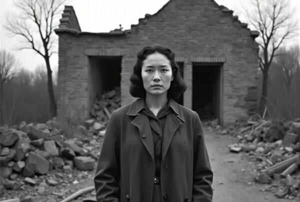 A woman stands determinedly in front of a ruined building with a somber expression, evoking themes of resilience and adversity.