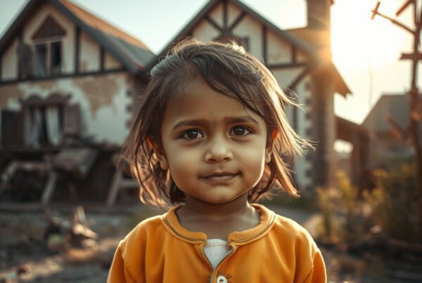 A young child in an orange jacket stands calmly in front of an old rustic house at sunset.