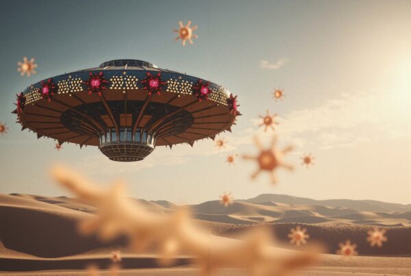 A futuristic UFO hovers over a vast desert landscape with star-like lights and floating objects.