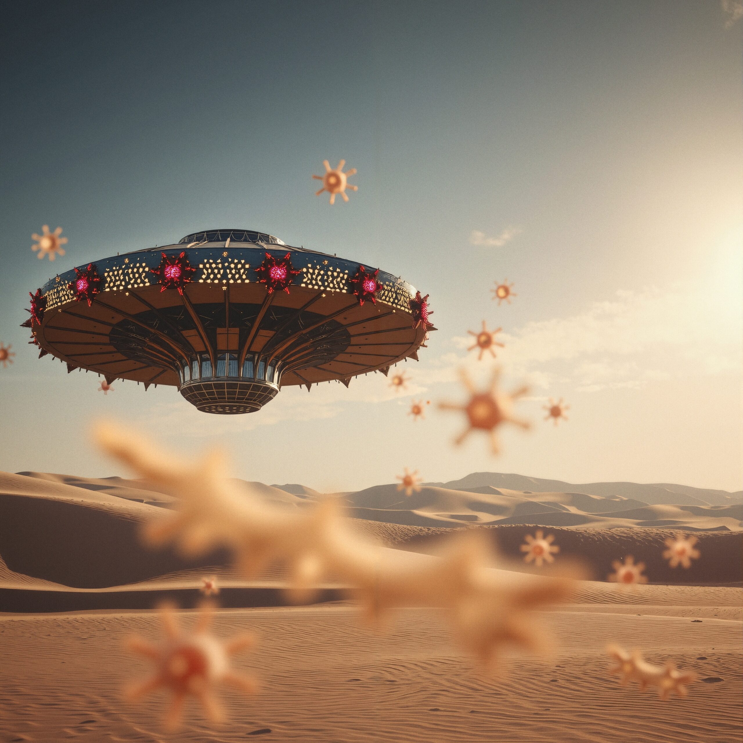 UFO Hovering Above Desert Landscape