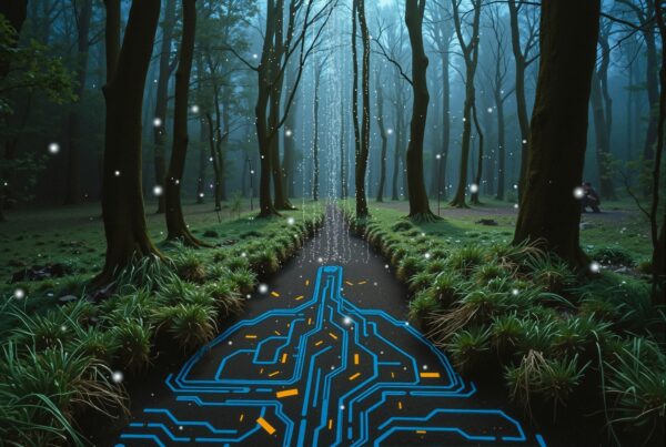 A misty forest path with digital patterns.