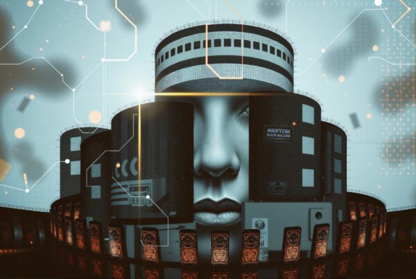 Futuristic architectural structure with integrated human face amidst digital circuit patterns, highlighting fusion of technology and humanity in abstract, sci-fi environment.