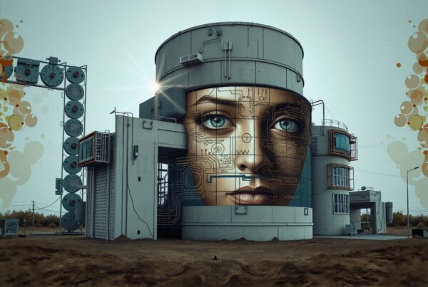 Futuristic mural on industrial building featuring woman's face.