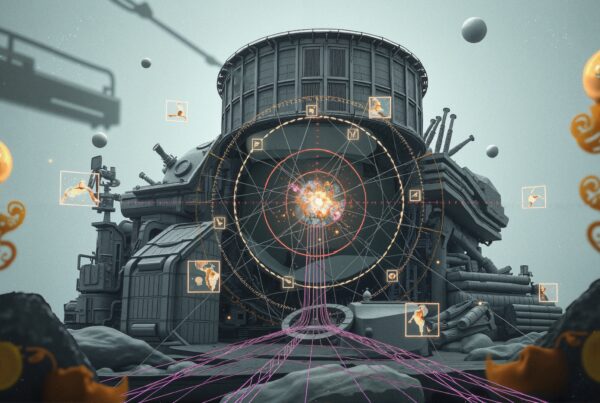 Futuristic industrial scene with central circular reactor and floating schematics.