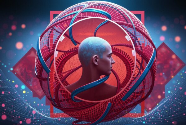 Futuristic mannequin head with intricate geometric sphere and vibrant digital background, symbolizing technology and artificial intelligence.