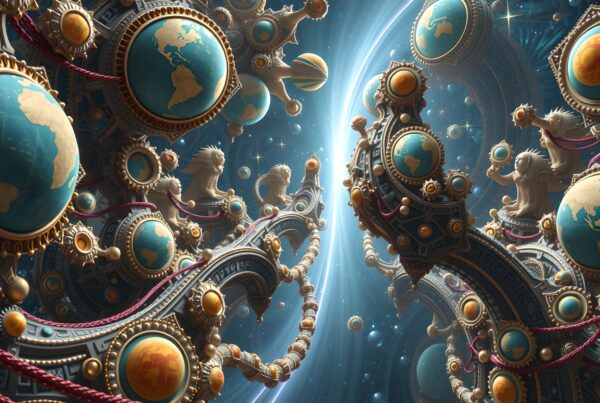 Intricate cosmic scene with celestial globes and ethereal figures in a vibrant blue and gold fantasy setting.