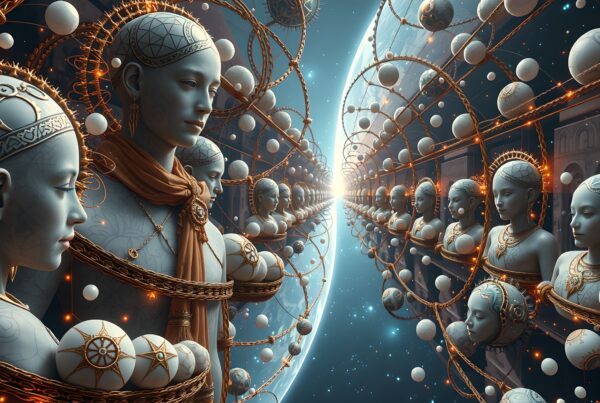 Surreal scene with futuristic sculptures in cosmic setting.