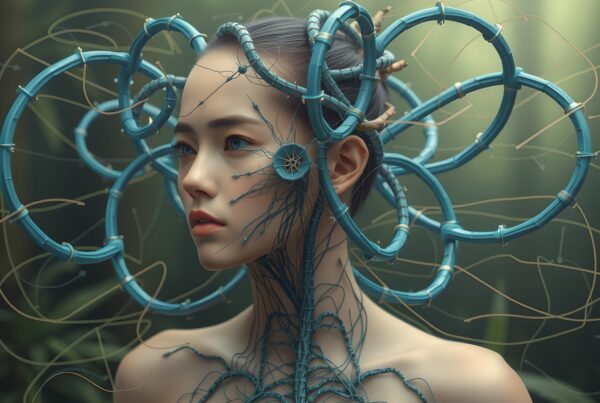 A futuristic woman with blue cables forming a complex headdress, blending technology and human elements.