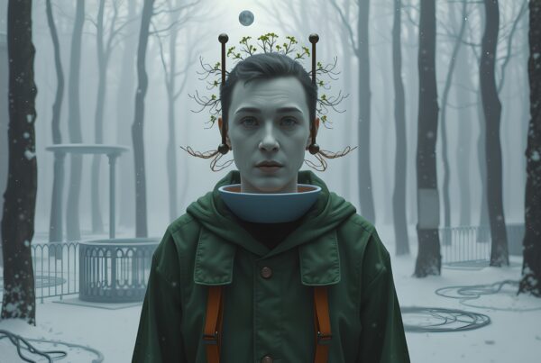 Mystical portrait of a person in a snowy forest with surreal head branches.
