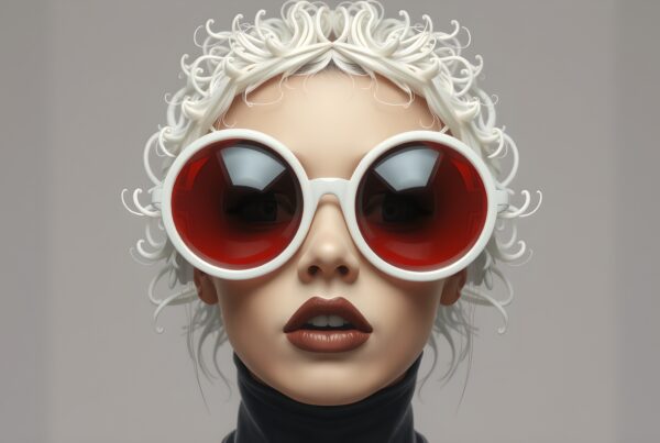 A person wearing oversized white sunglasses with red lenses and stylish white curls.