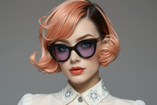 Portrait of a fashionable woman with peach-colored hair and stylish sunglasses.