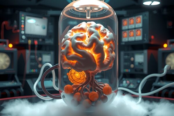 A glowing, brain-like structure encased in a high-tech laboratory setting, intertwining organic and mechanical elements under soft lighting.