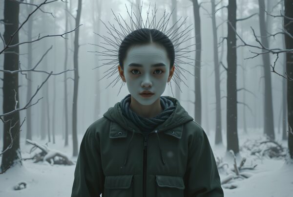 Person with twig halo in misty snow-covered forest.