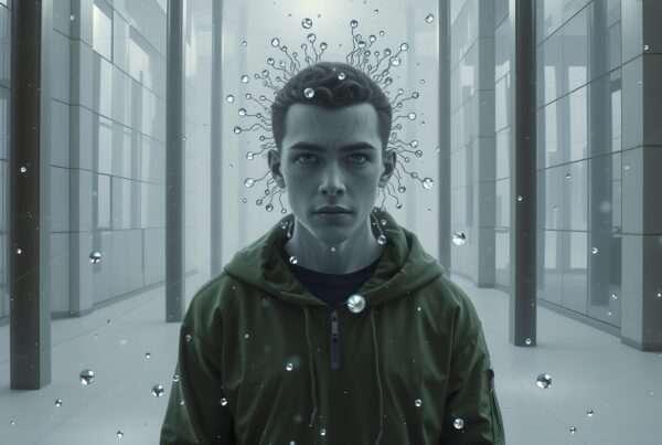 A surreal portrait of a person with water droplets suspended around them in a futuristic hallway.