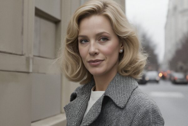 Portrait of a stylish woman in a gray houndstooth coat on a city street.