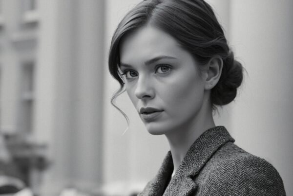 A black and white portrait of an elegant woman wearing a textured coat, with a cityscape background.