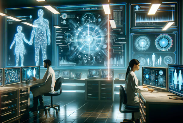 Futuristic Laboratory with Scientists Analyzing Holographic Data