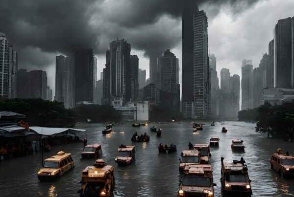 Dramatic cityscape of flooded streets with taxis and boats under stormy skies.