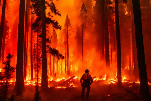 Firefighter in forest blaze firefighting danger.