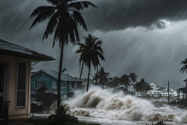 Powerful storm waves striking coastal town.