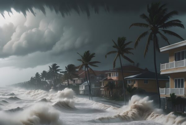 Coastal homes battered by stormy waves and dark skies.