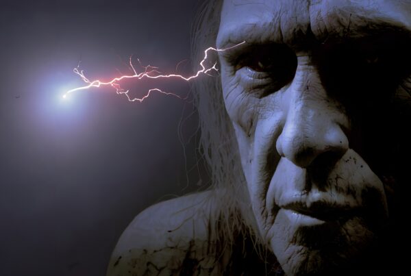 Close-up of a weathered face with lightning in a dark atmosphere.