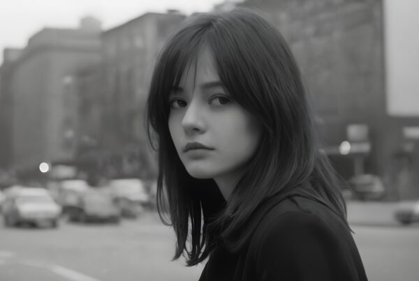 A woman stands pensively in a bustling city.
