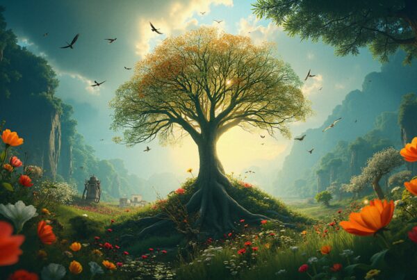 A vibrant tree dominates a colorful floral landscape, bathed in sunlight with birds soaring through the serene sky.