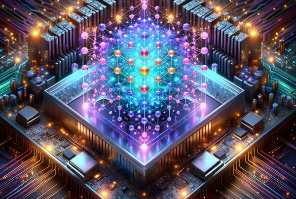 High-tech microchip with glowing digital network.
