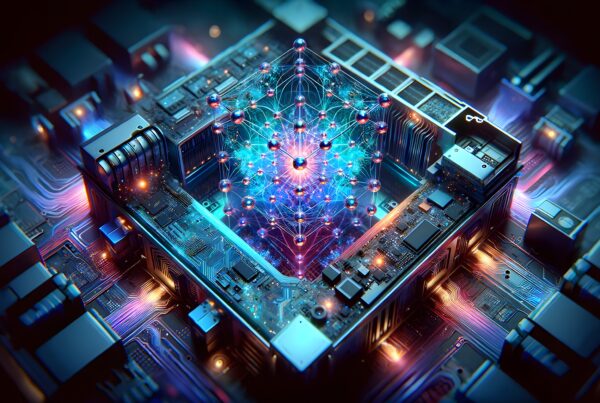 Futuristic network and circuit board with glowing nodes.