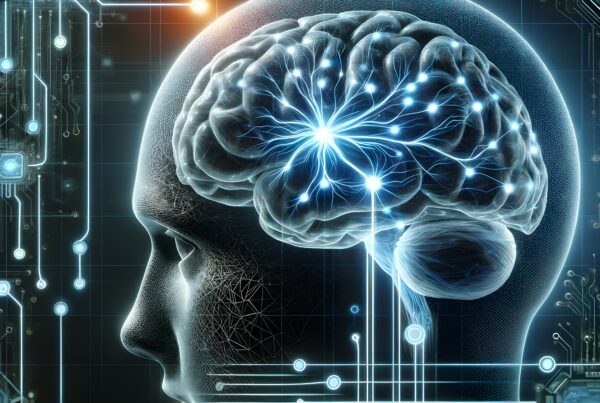 Illustration of a human brain fused with digital circuits, symbolizing artificial intelligence integration.