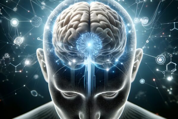 Illustration of human brain with futuristic digital network connections.