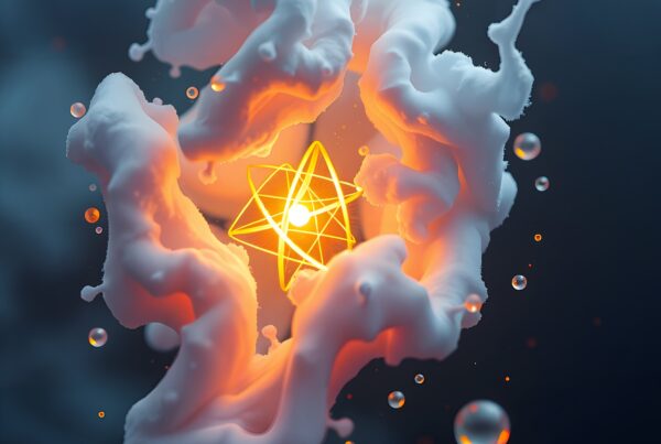 Ethereal glowing star within swirling clouds, illuminated with orange light, surrounded by droplets.