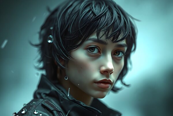 Portrait of a young person in a rain-soaked setting, expressing contemplation.