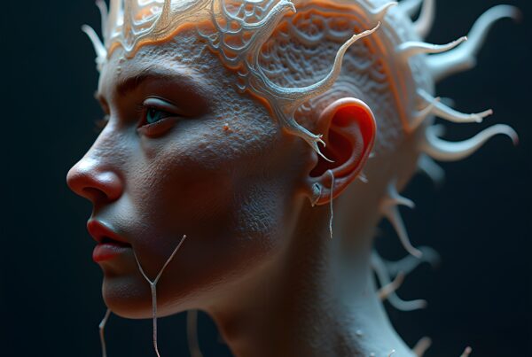 Futuristic portrait of a person with spike-like tendrils.