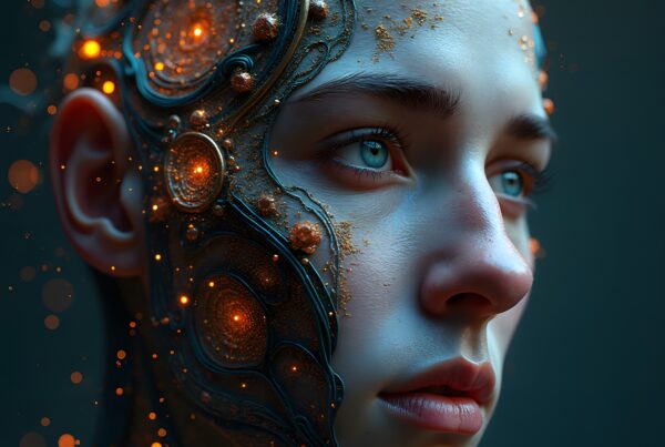 Futuristic human face with intricately designed metallic embellishments.