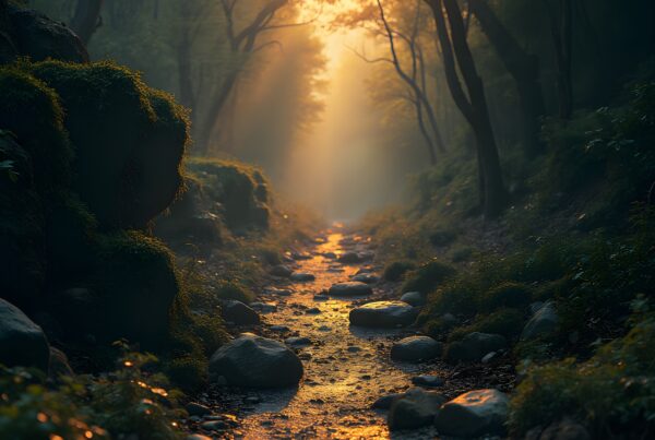A peaceful forest stream illuminated by golden sunlight, with moss-covered rocks and lush greenery.