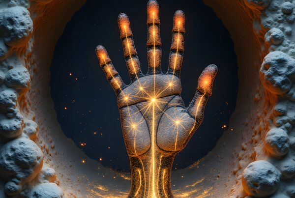A glowing hand emerges from a celestial-like crater, surrounded by a starry background.