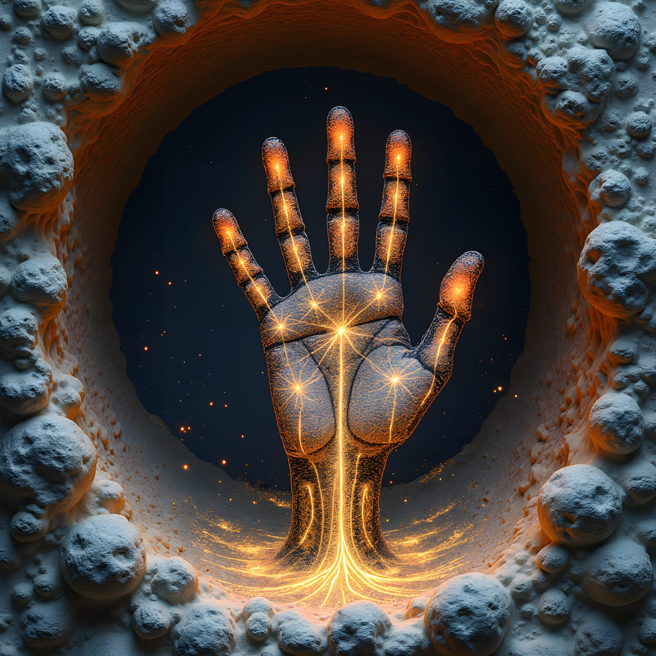 Illuminated Hand in Cosmic Crater