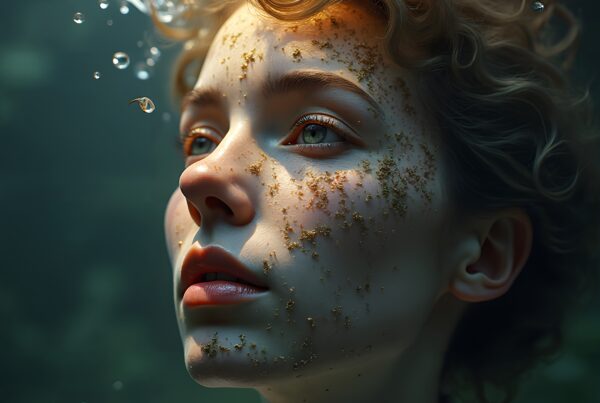 A serene person underwater with gold flecks on their face, surrounded by bubbles and soft light.