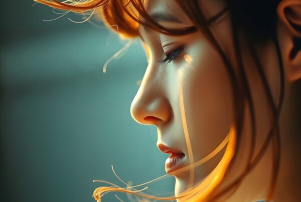 A serene side profile of a woman with illuminated hair against a tranquil, softly lit background.